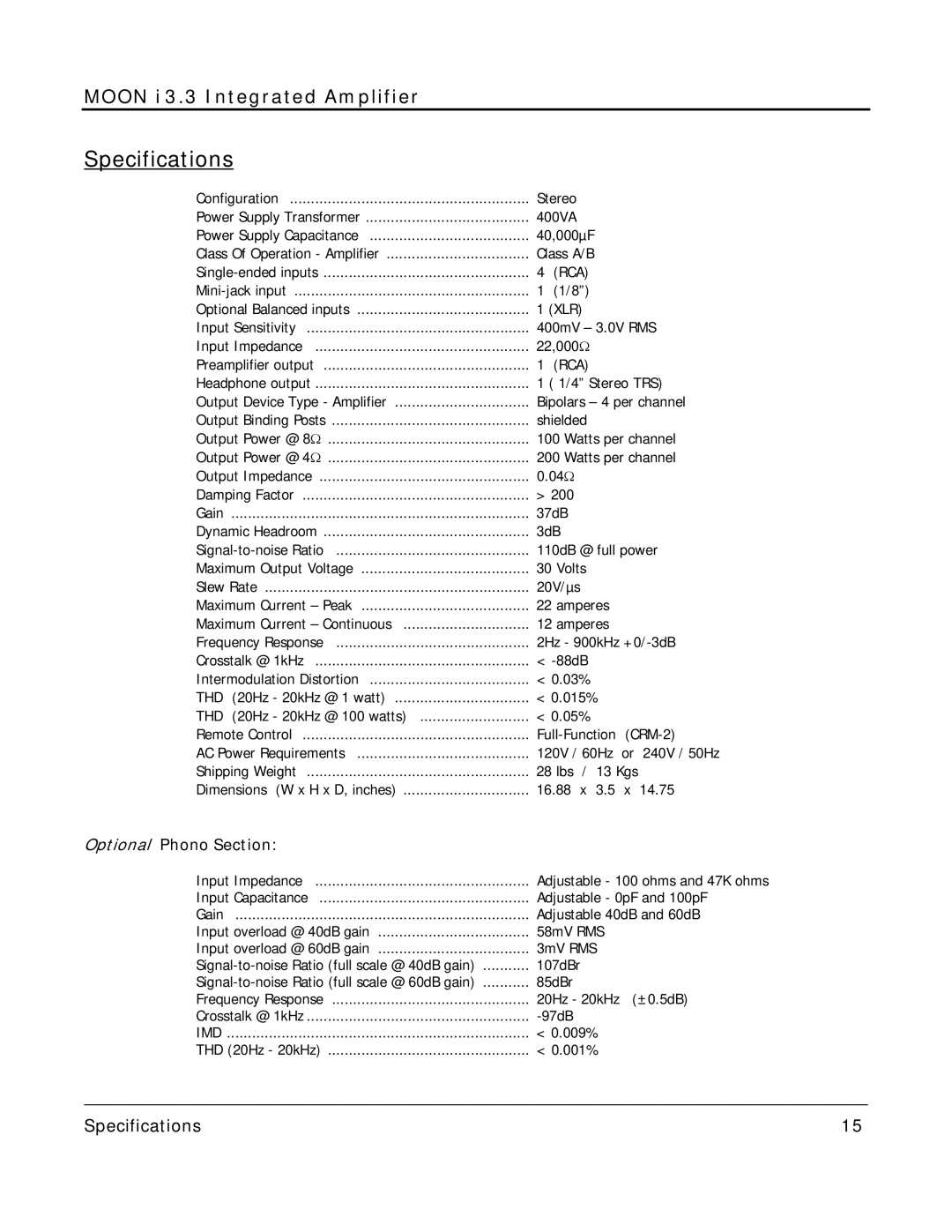 Simaudio i 3.3 owner manual Specifications, Rca 