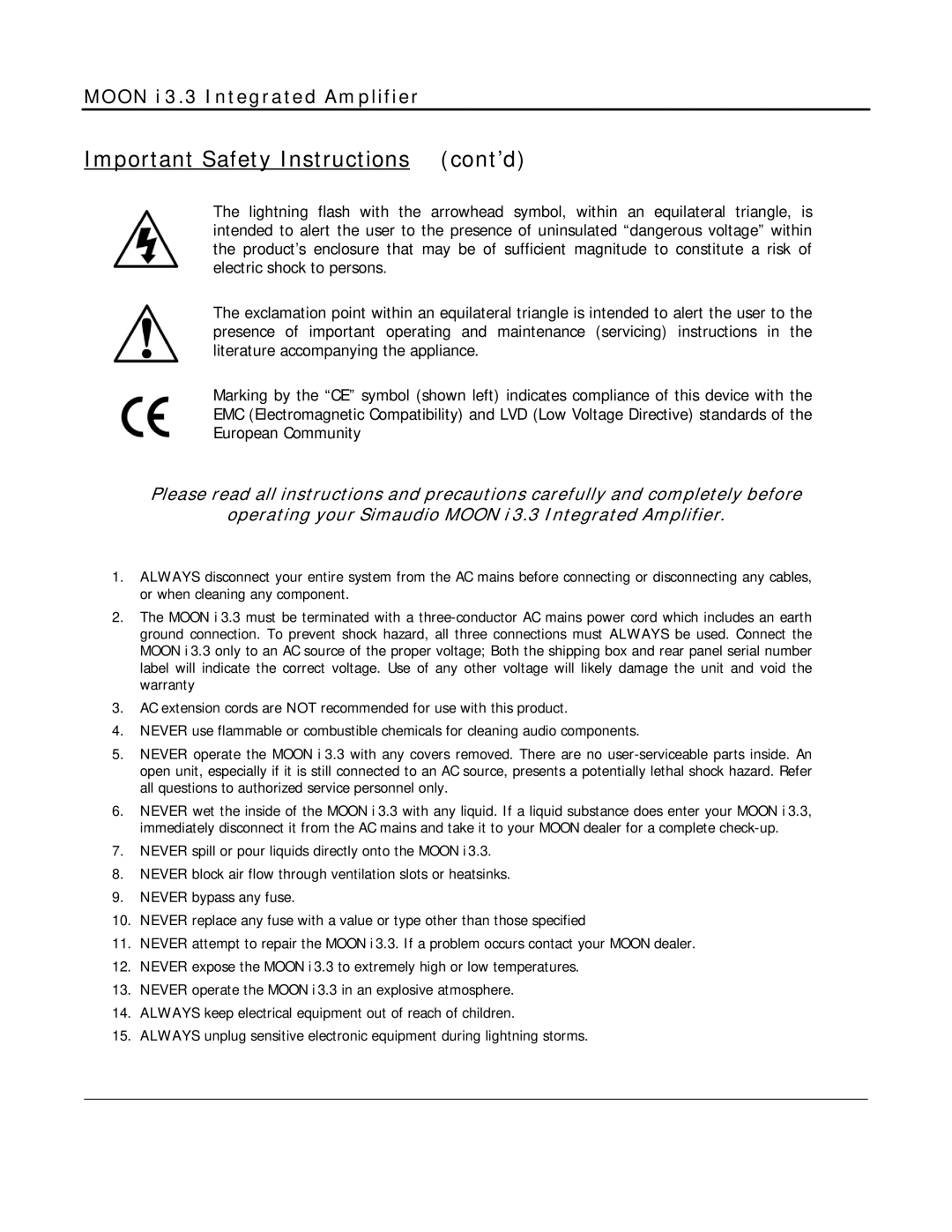 Simaudio i 3.3 owner manual Important Safety Instructions cont’d 