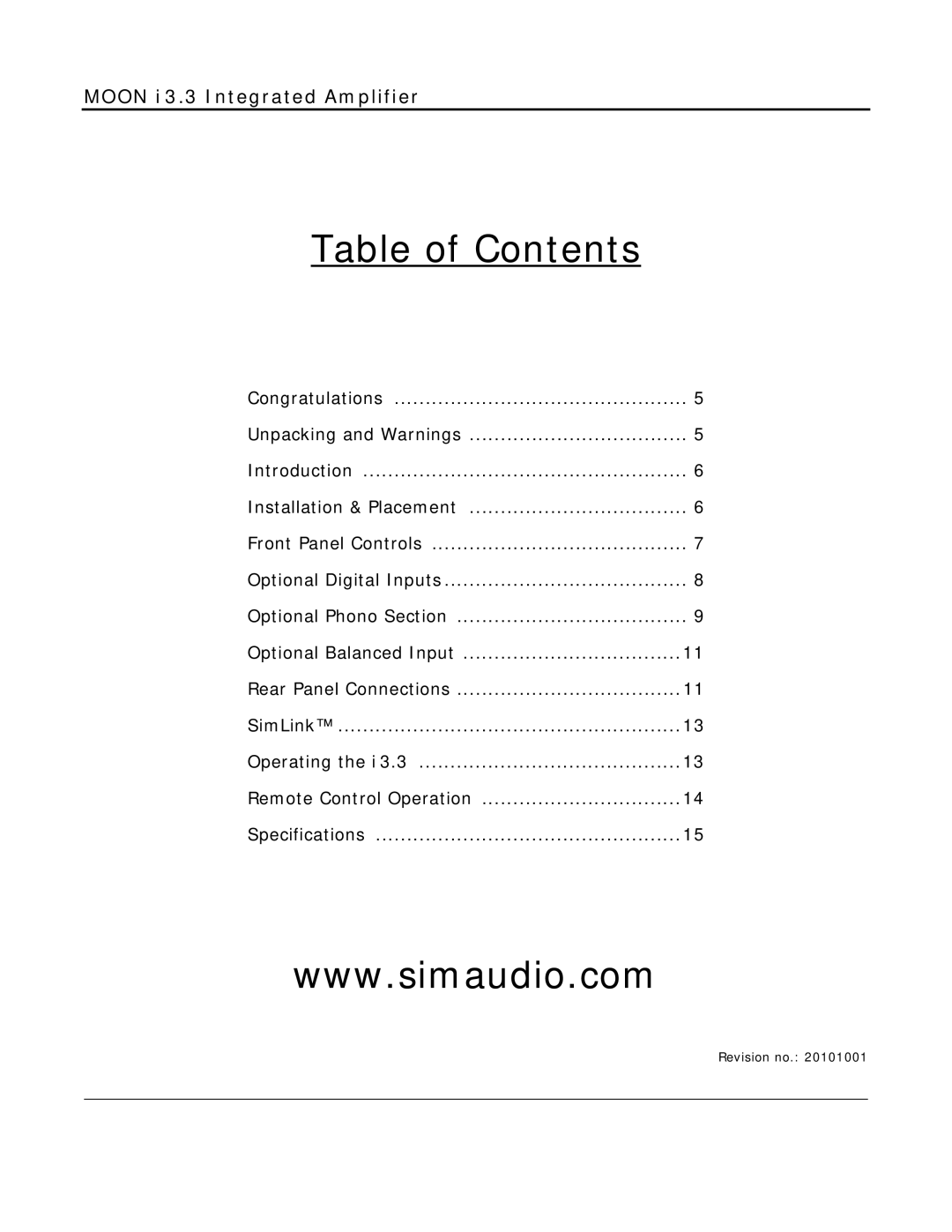 Simaudio i 3.3 owner manual Table of Contents 