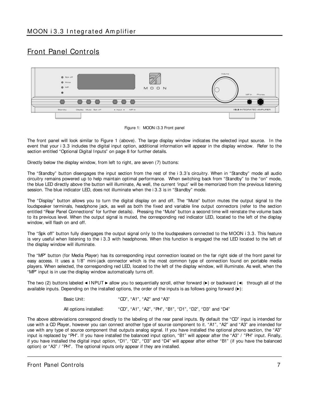 Simaudio owner manual Front Panel Controls, Moon i 3.3 Front panel 