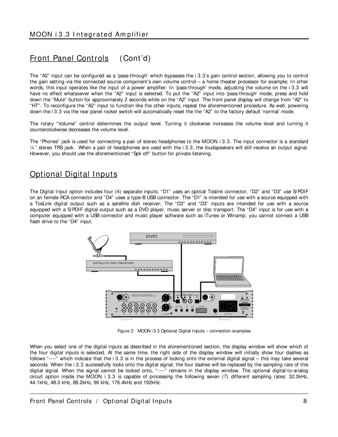 Simaudio i 3.3 owner manual Front Panel Controls Cont’d, Optional Digital Inputs 