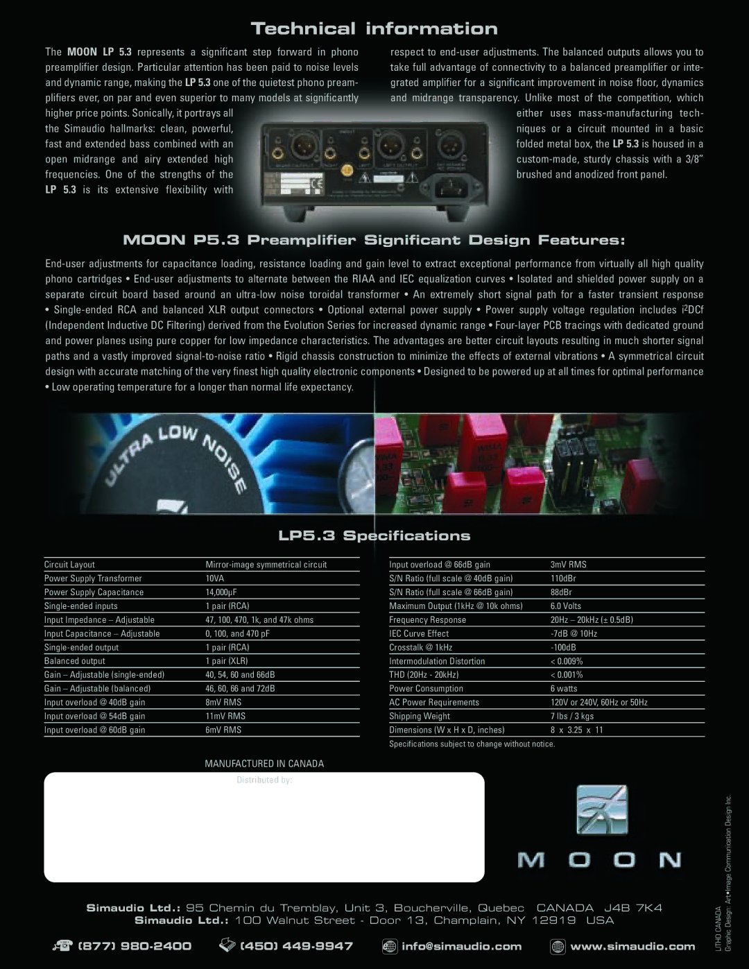 Simaudio LP 5.3 manual Technical information, Moon P5.3 Preamplifier Significant Design Features, LP5.3 Specifications 