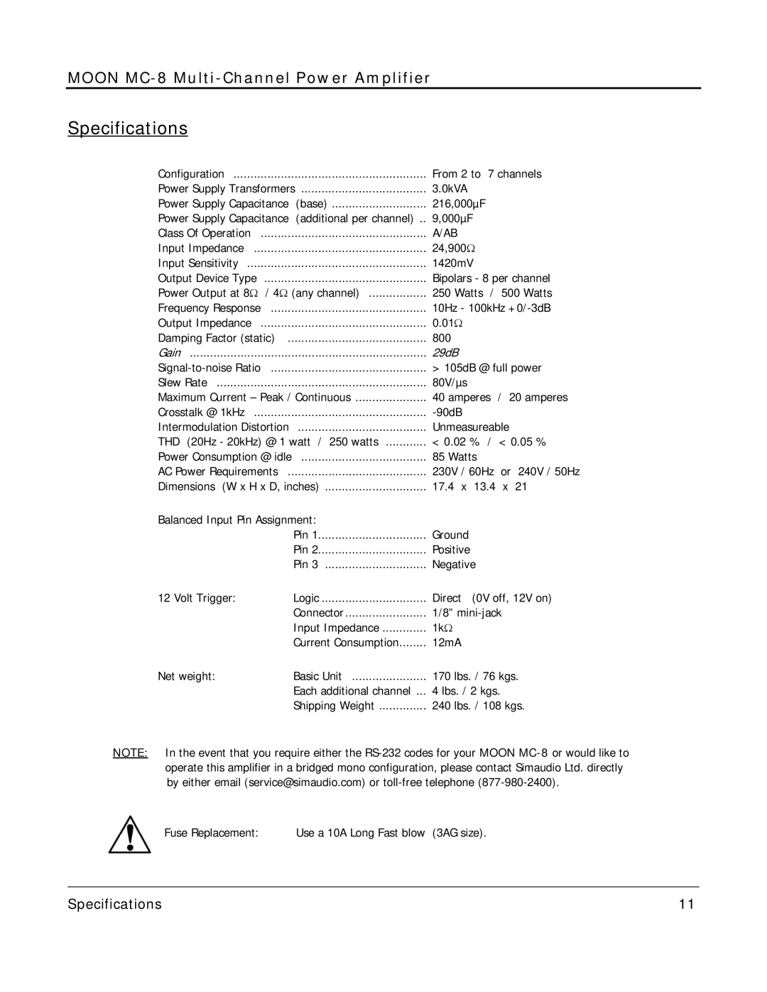 Simaudio MC-8 owner manual Specifications, 29dB 