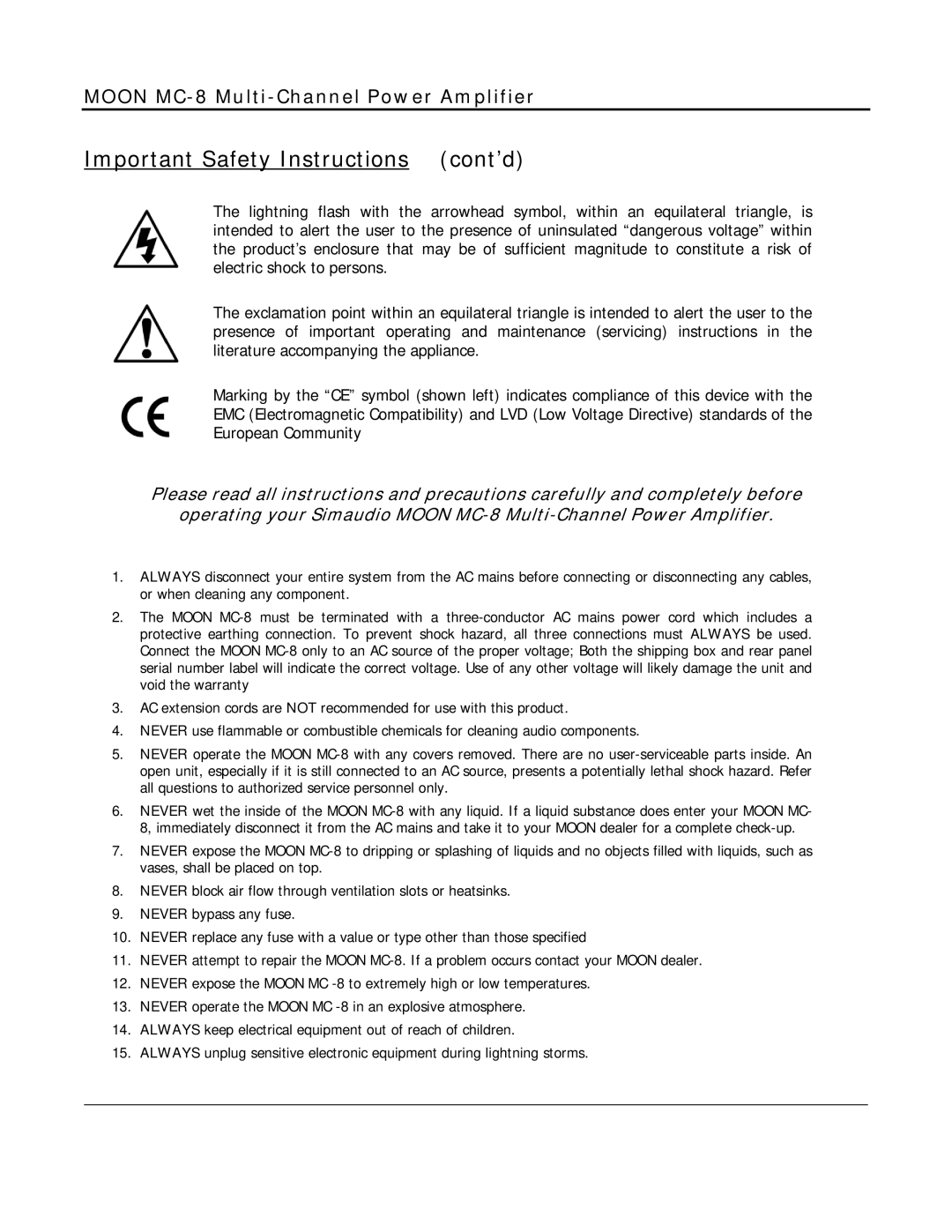 Simaudio MC-8 owner manual Important Safety Instructions cont’d 