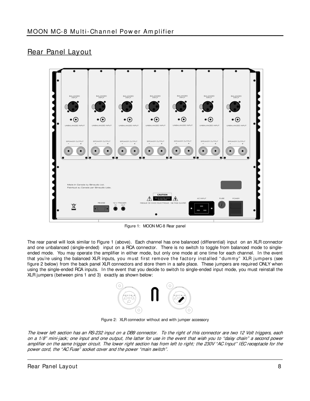 Simaudio owner manual Rear Panel Layout, Moon MC-8 Rear panel 