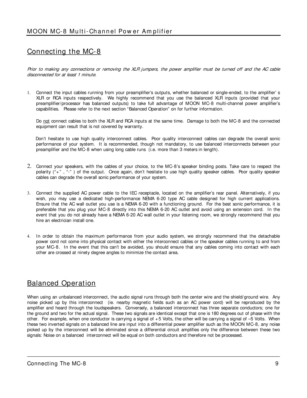 Simaudio owner manual Connecting the MC-8, Balanced Operation 