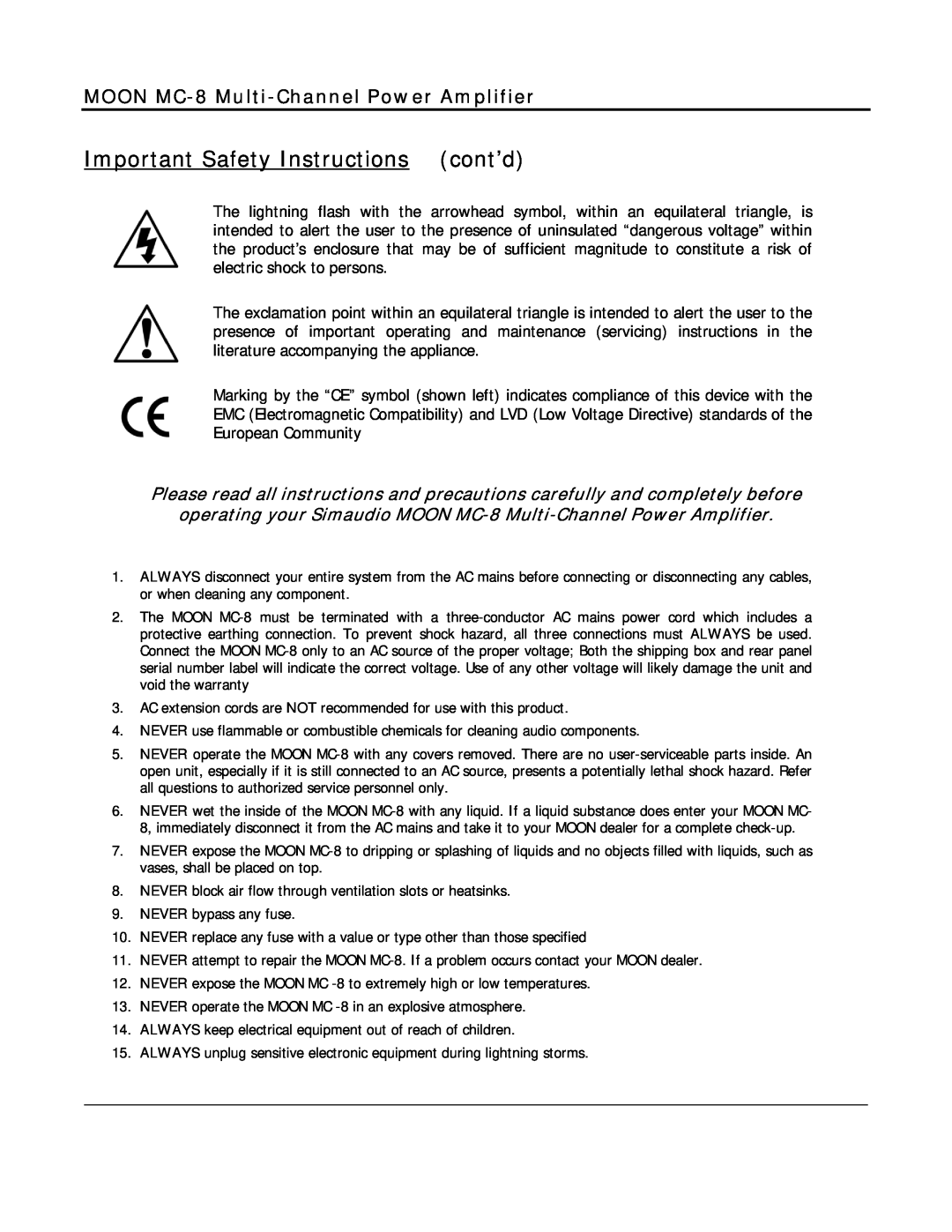 Simaudio owner manual Important Safety Instructionscont’d, MOON MC-8 Multi-ChannelPower Amplifier 