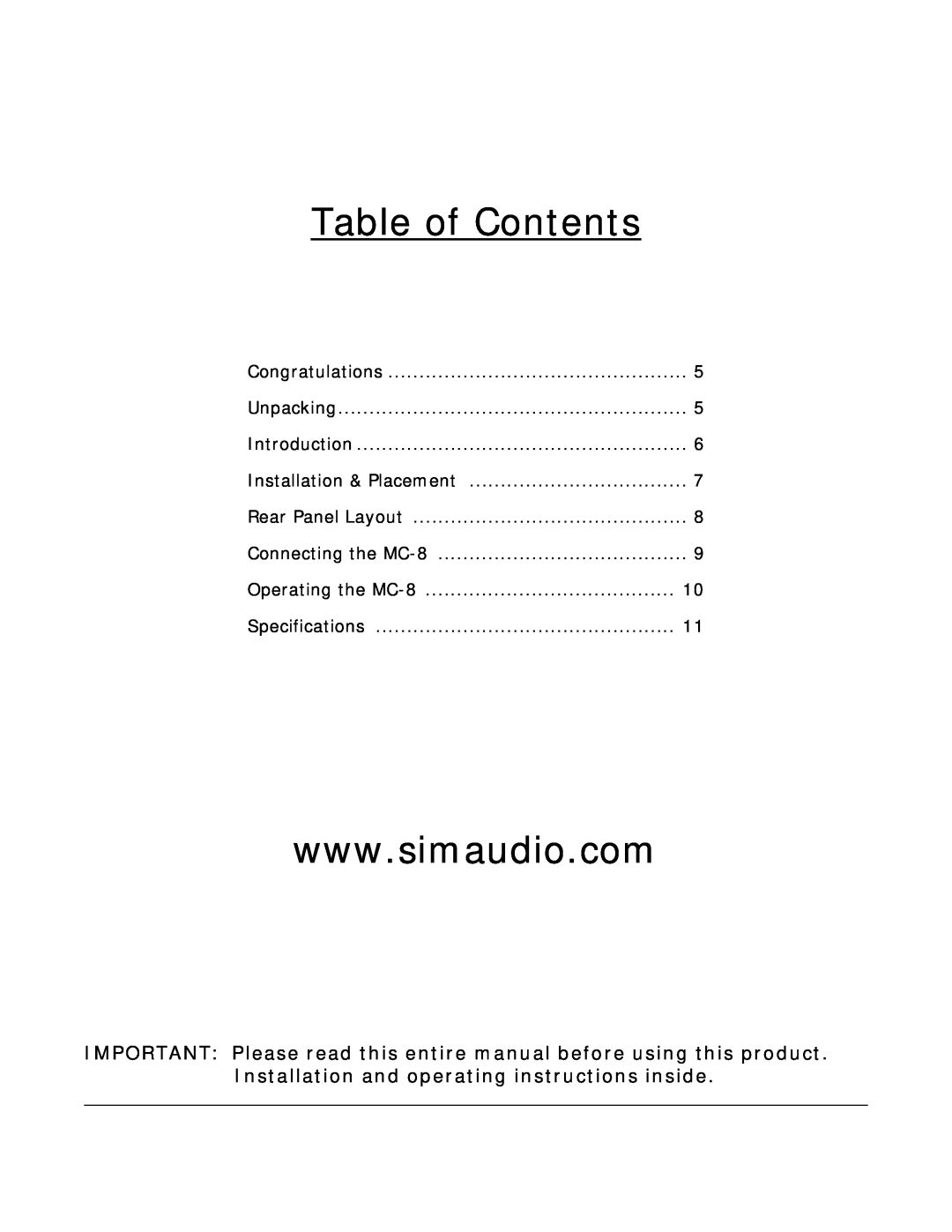 Simaudio MC-8 owner manual Table of Contents 
