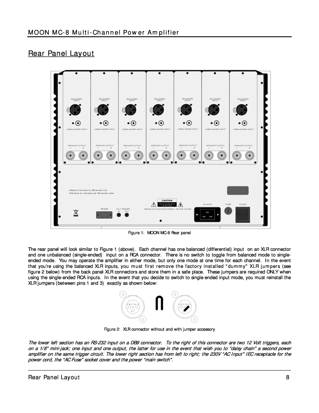 Simaudio owner manual Rear Panel Layout, MOON MC-8 Multi-ChannelPower Amplifier, MOON MC-8Rear panel 