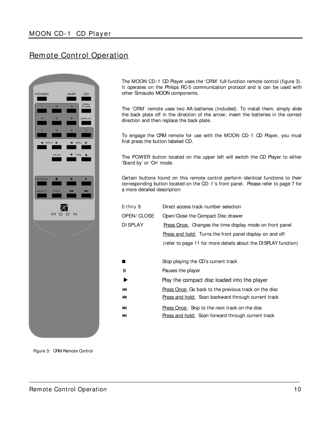 Simaudio MOON CD-1 owner manual Remote Control Operation, Display 