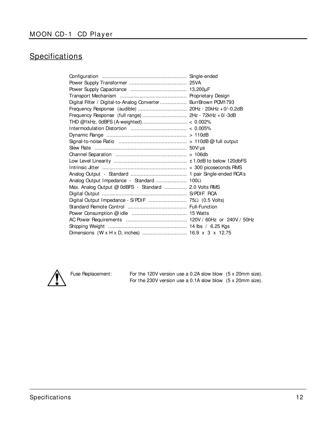 Simaudio MOON CD-1 owner manual Specifications, Pdif RCA 