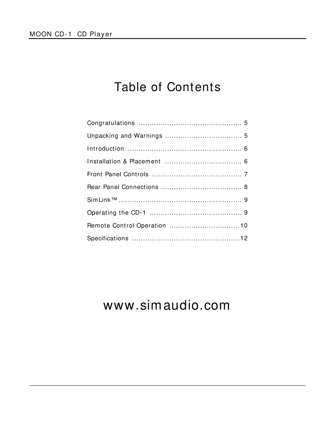 Simaudio MOON CD-1 owner manual Table of Contents 