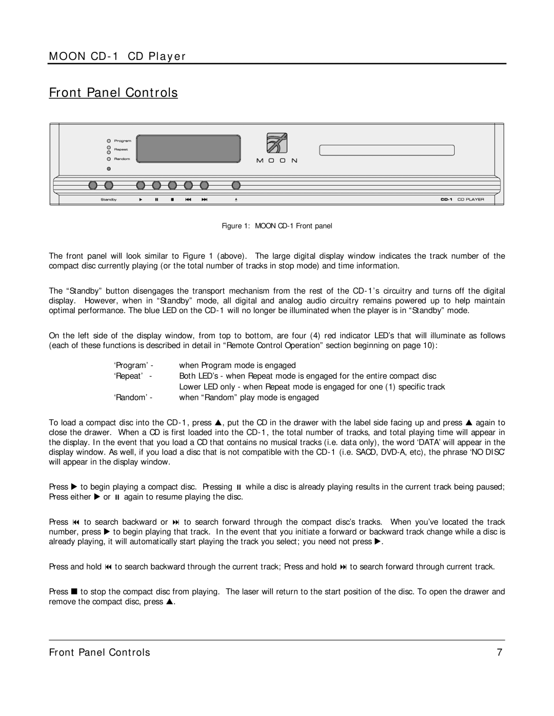 Simaudio MOON CD-1 owner manual Front Panel Controls, Moon CD-1 Front panel 