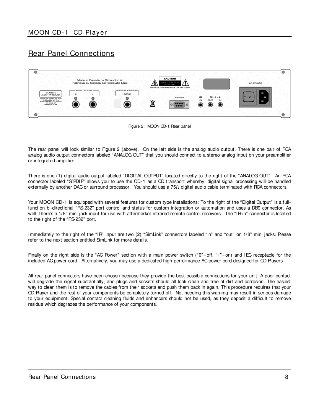 Simaudio MOON CD-1 owner manual Rear Panel Connections, Moon CD-1 Rear panel 