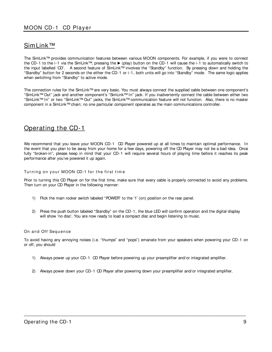 Simaudio MOON CD-1 owner manual SimLink, Operating the CD-1 