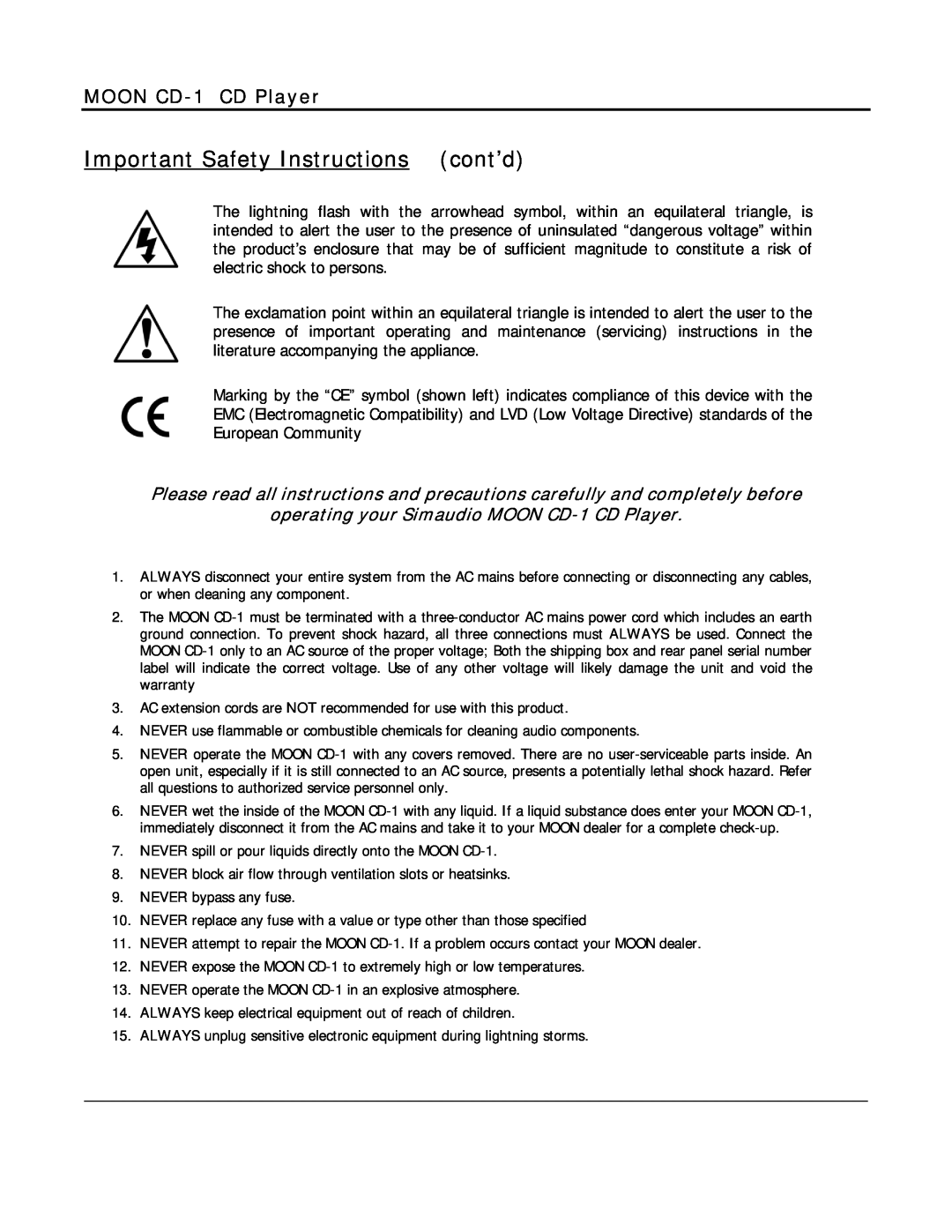 Simaudio owner manual Important Safety Instructionscont’d, operating your Simaudio MOON CD-1CD Player 