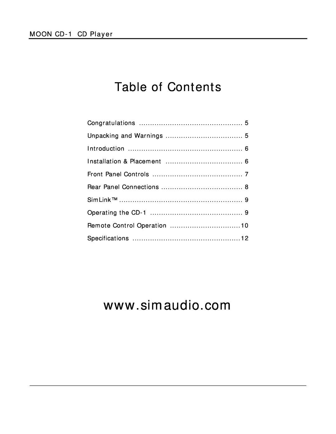 Simaudio owner manual Table of Contents, MOON CD-1CD Player 