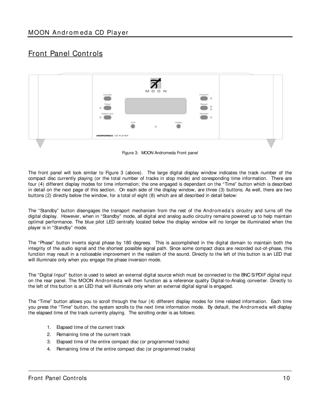 Simaudio MOON Evolution Series owner manual Front Panel Controls, Moon Andromeda Front panel 