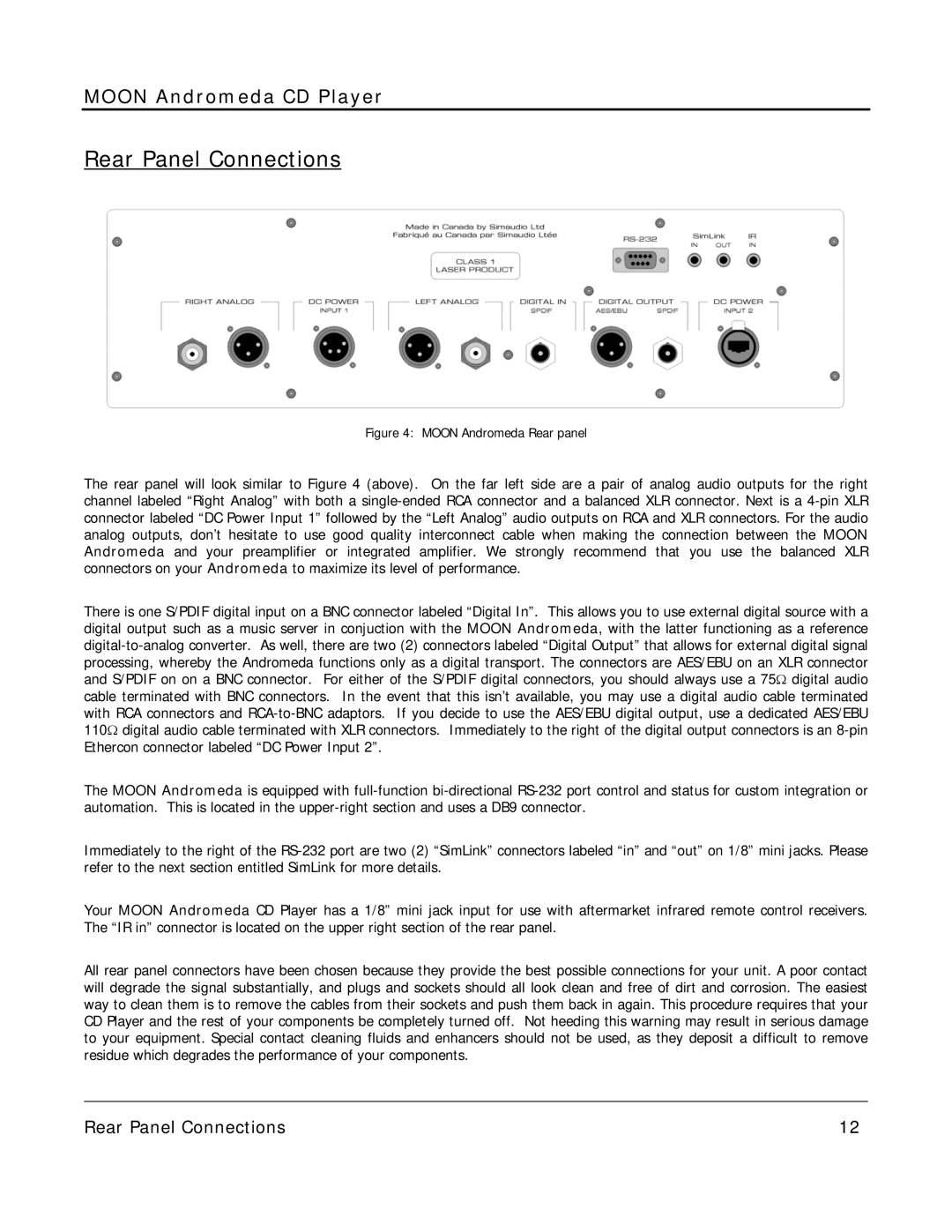 Simaudio MOON Evolution Series owner manual Rear Panel Connections, Moon Andromeda Rear panel 