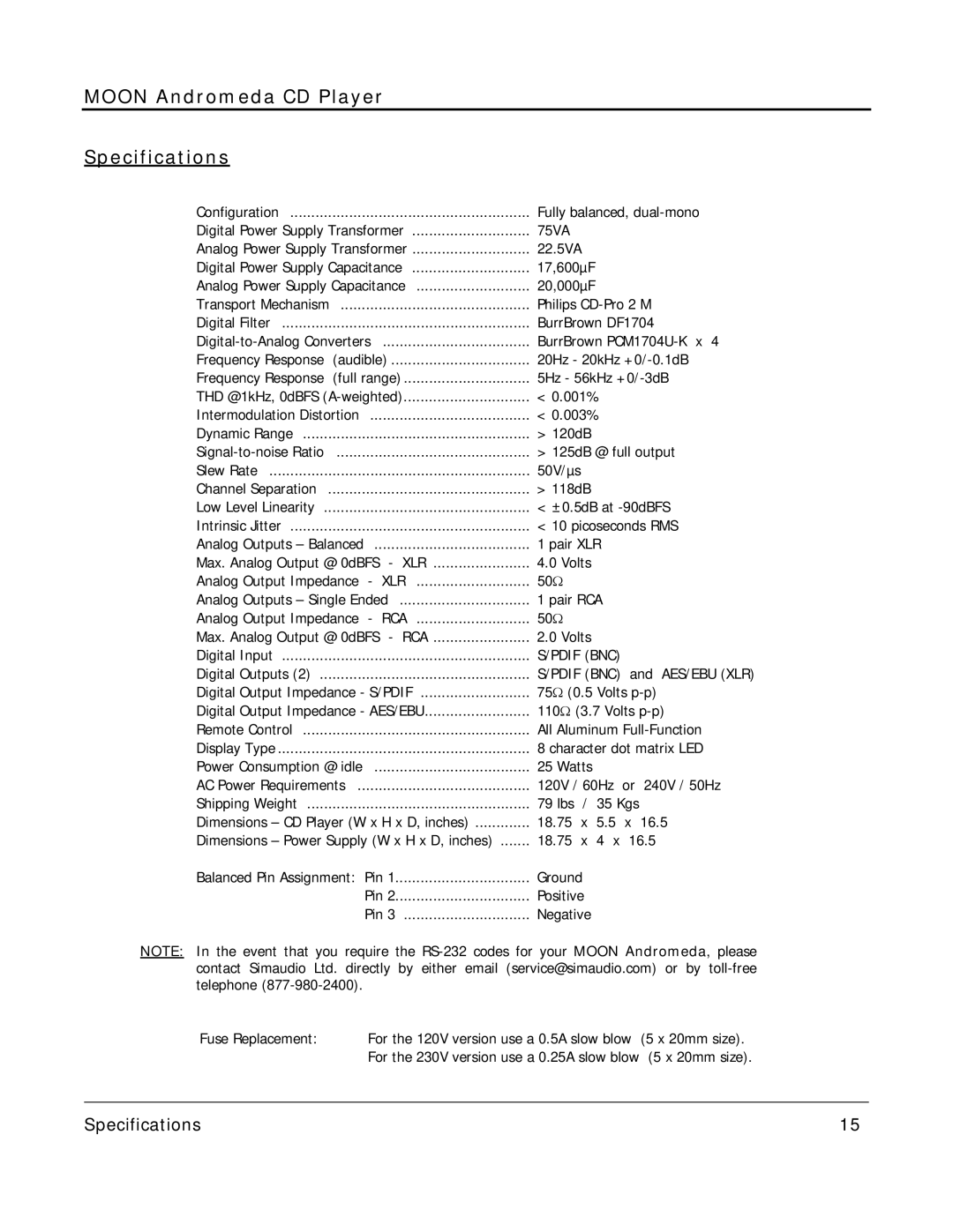 Simaudio MOON Evolution Series owner manual Moon Andromeda CD Player Specifications 