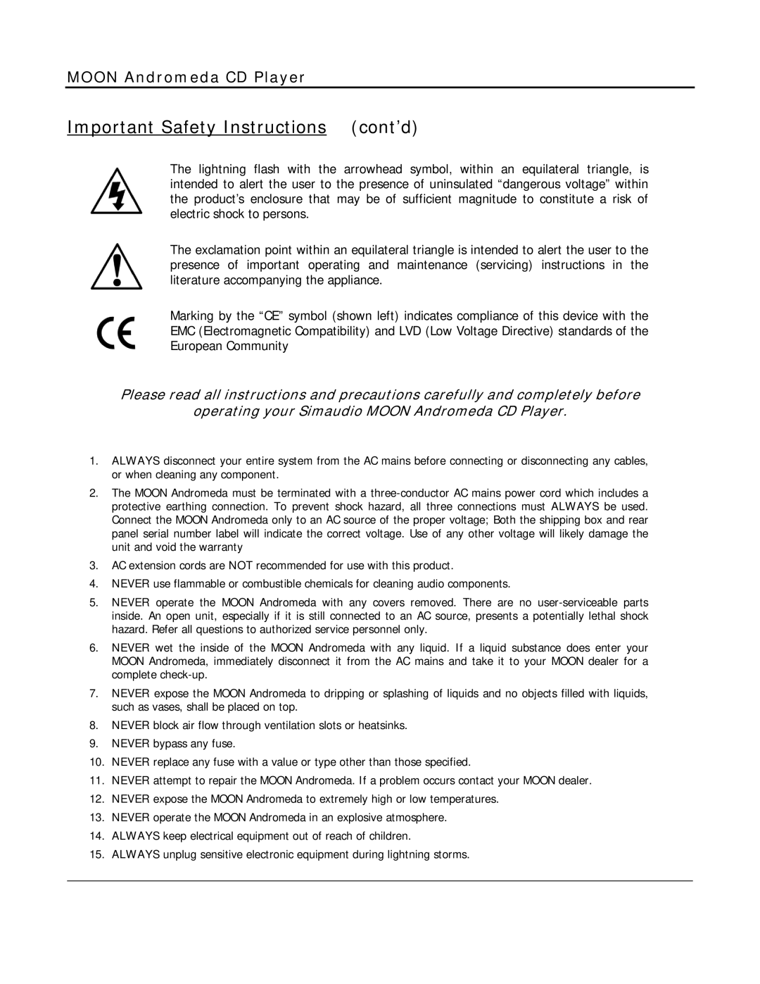 Simaudio MOON Evolution Series owner manual Important Safety Instructions cont’d 