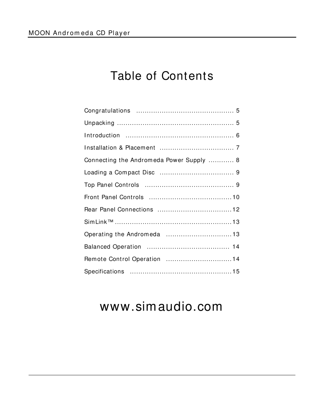 Simaudio MOON Evolution Series owner manual Table of Contents 