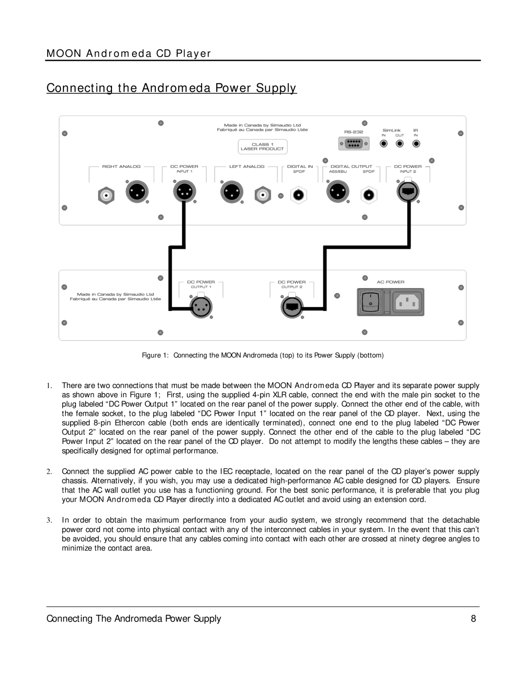 Simaudio MOON Evolution Series owner manual Connecting the Andromeda Power Supply 