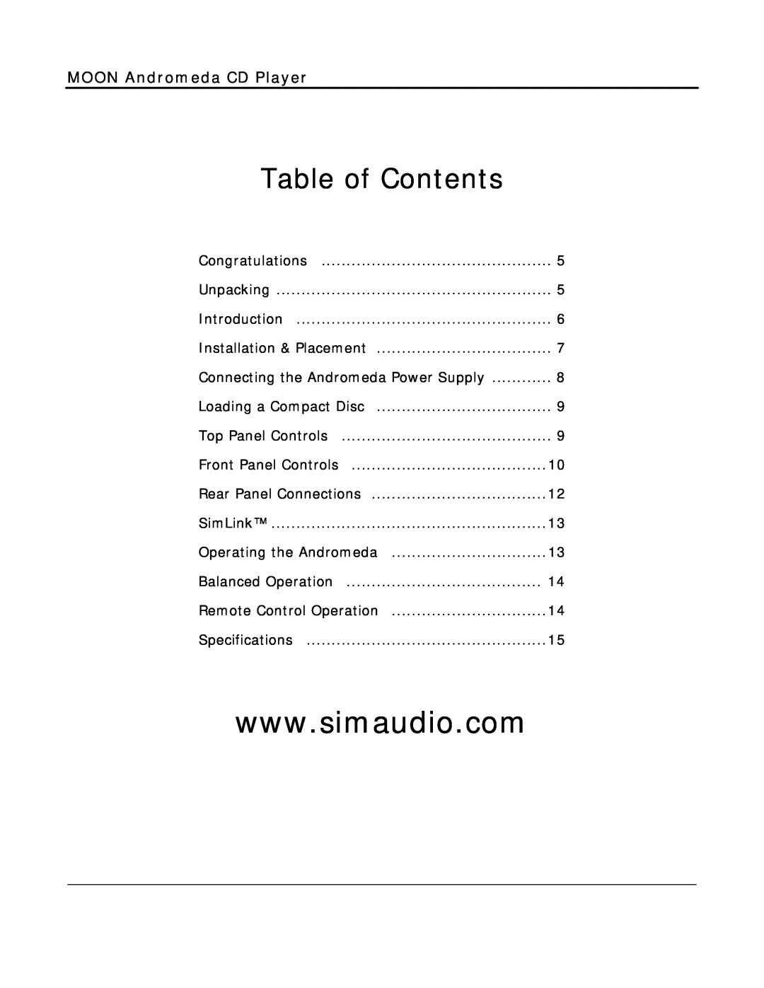 Simaudio MOON Evolution Series owner manual Table of Contents, MOON Andromeda CD Player 