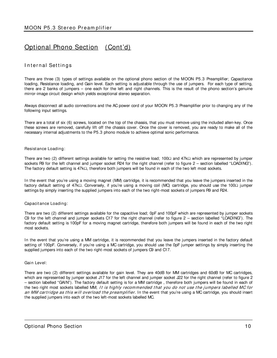 Simaudio P 5.3 owner manual Optional Phono Section Cont’d, Internal Settings 