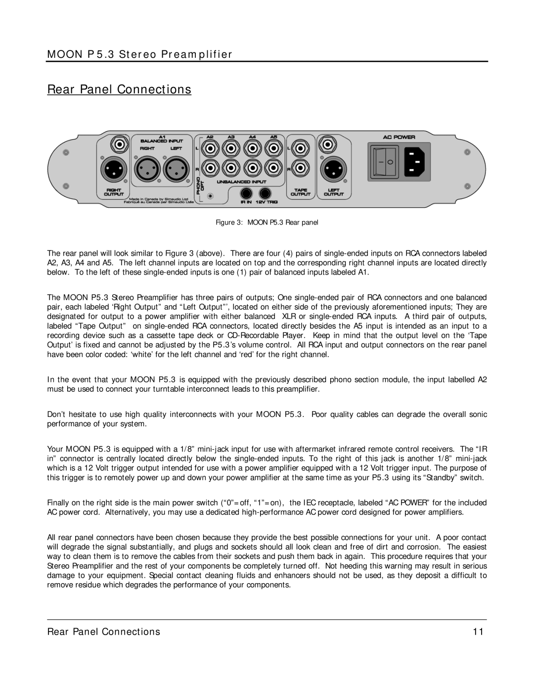 Simaudio P 5.3 owner manual Rear Panel Connections, Moon P5.3 Rear panel 