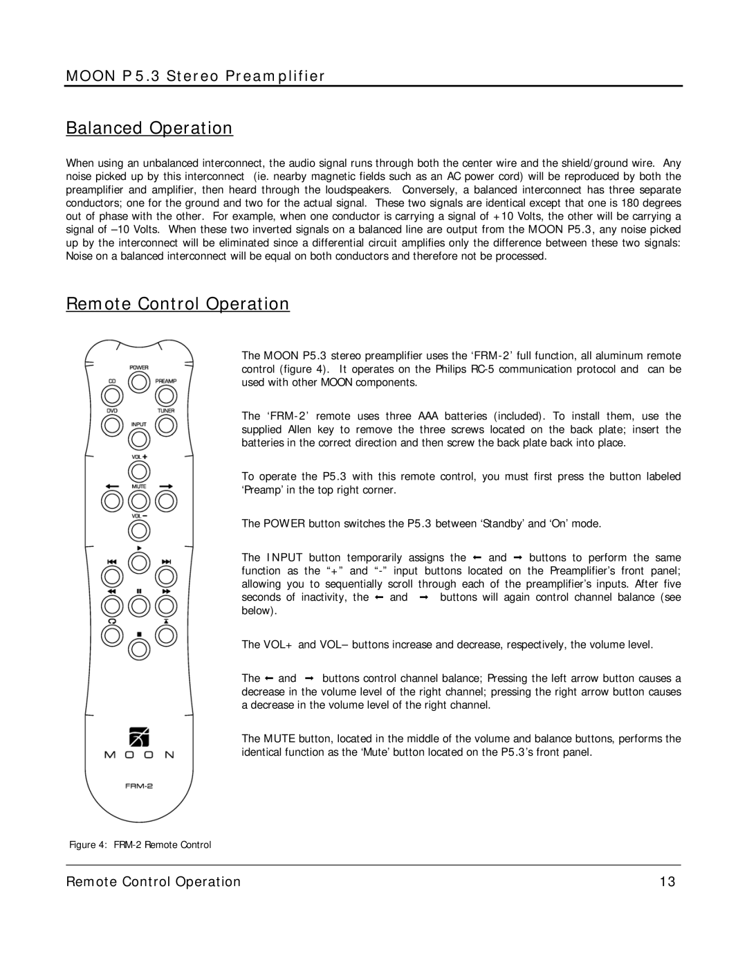 Simaudio P 5.3 owner manual Balanced Operation, Remote Control Operation 