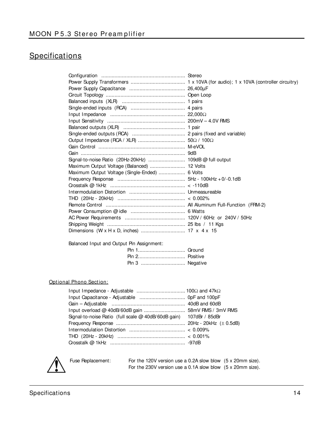 Simaudio P 5.3 owner manual Specifications, Stereo 