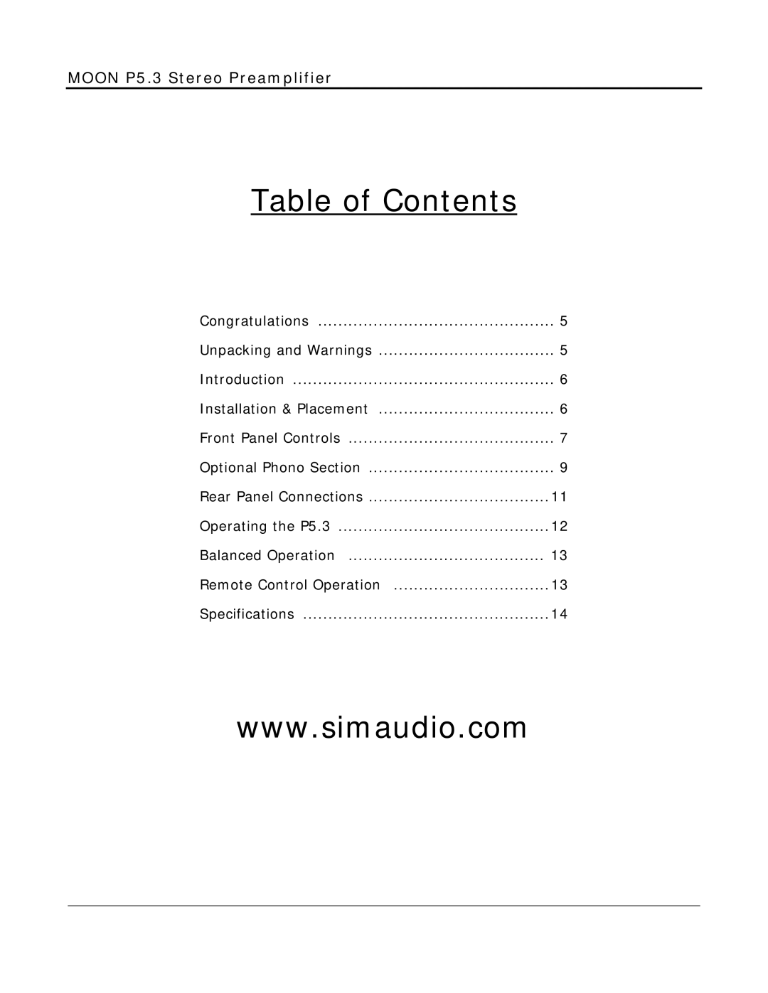 Simaudio P 5.3 owner manual Table of Contents 