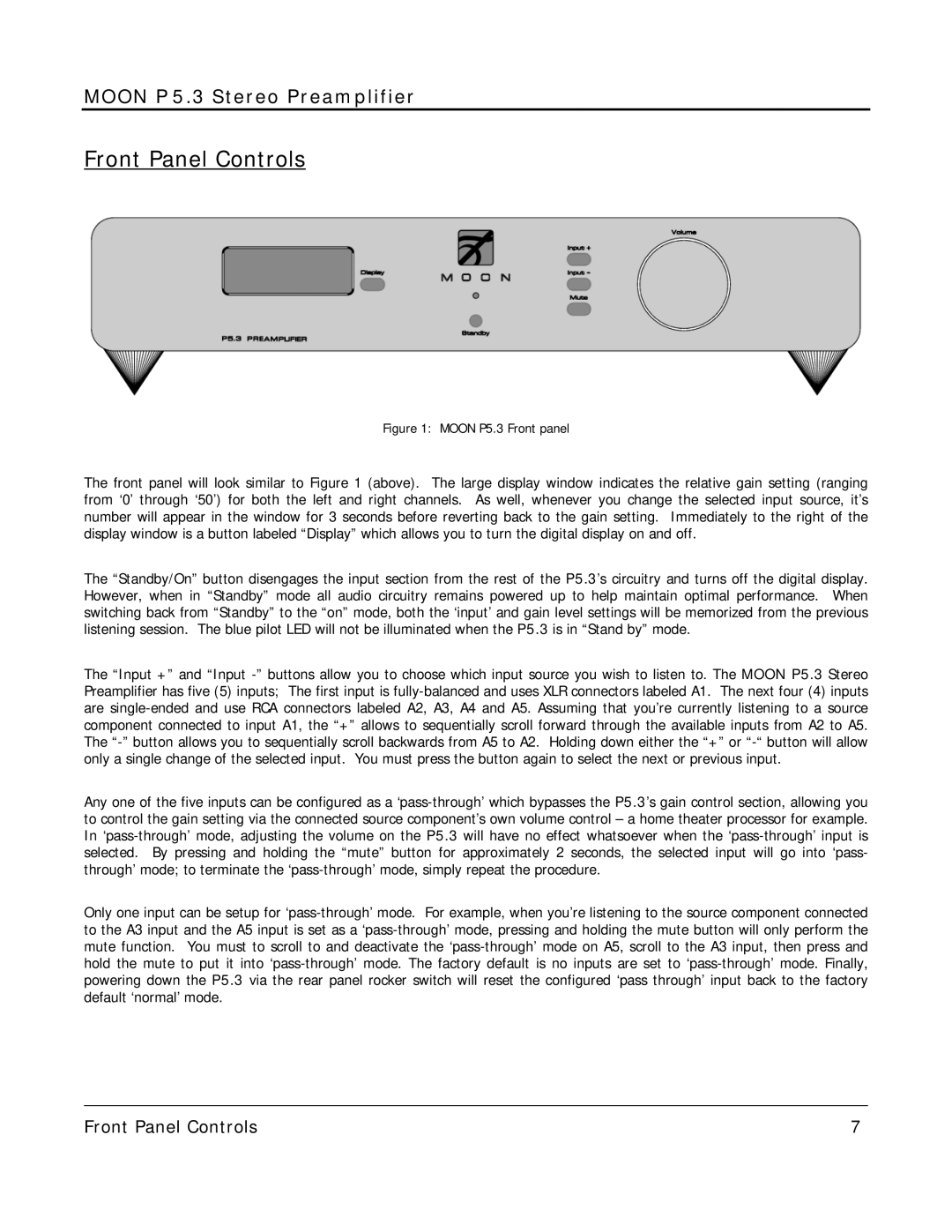 Simaudio P 5.3 owner manual Front Panel Controls, Moon P5.3 Front panel 