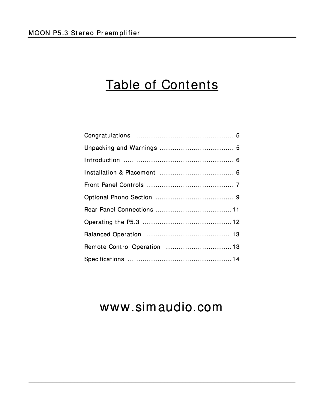 Simaudio P 5.3 owner manual Table of Contents, MOON P5.3 Stereo Preamplifier 
