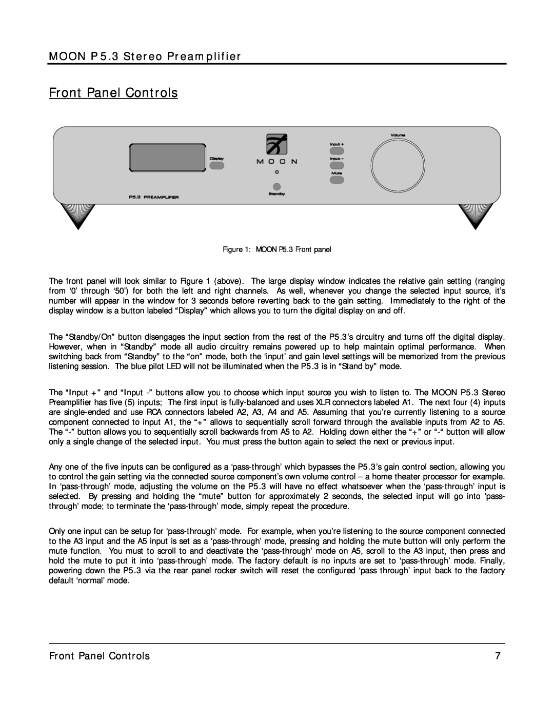 Simaudio owner manual Front Panel Controls, MOON P 5.3 Stereo Preamplifier, MOON P5.3 Front panel 
