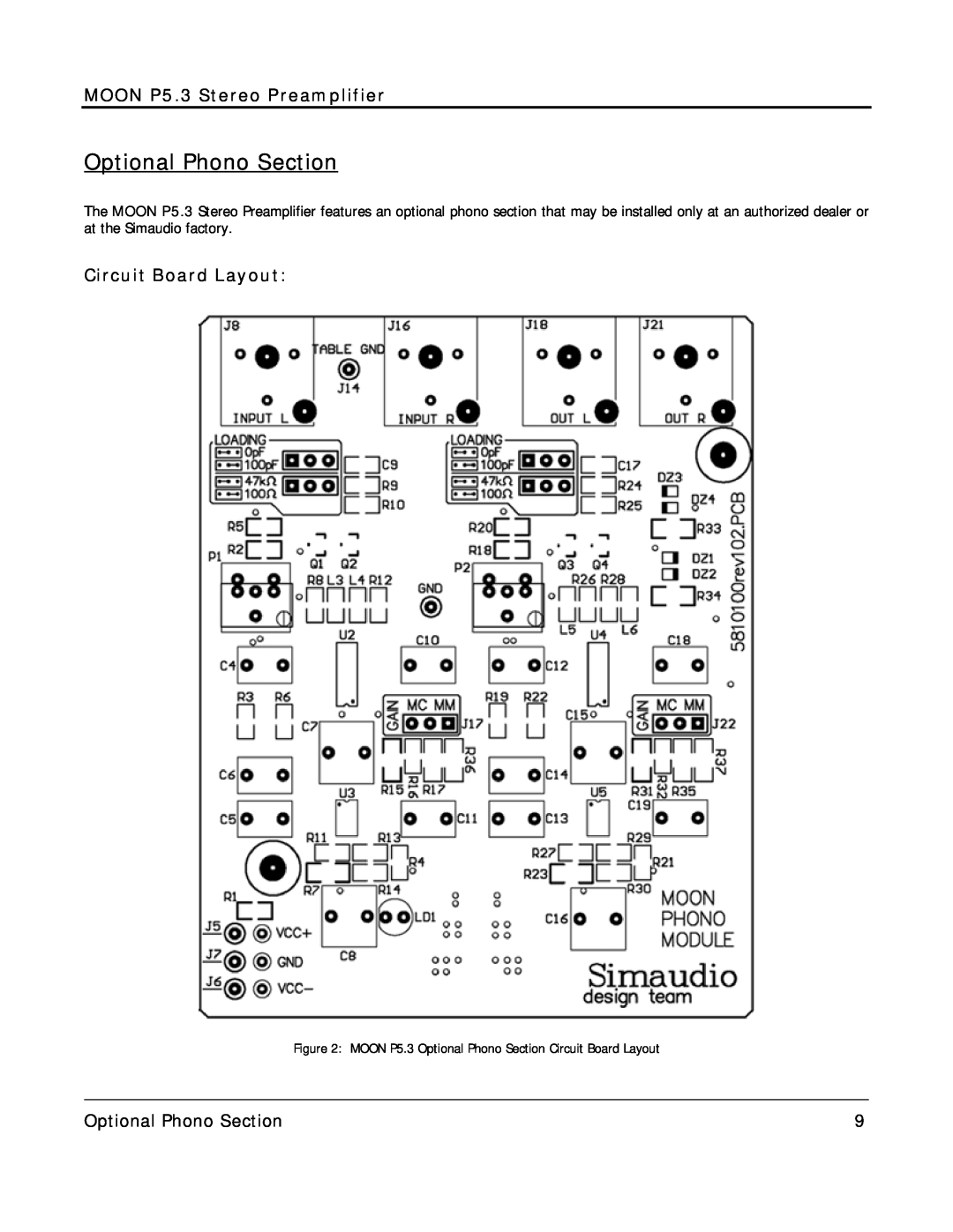 Simaudio P 5.3 owner manual Optional Phono Section, MOON P5.3 Stereo Preamplifier, Circuit Board Layout 