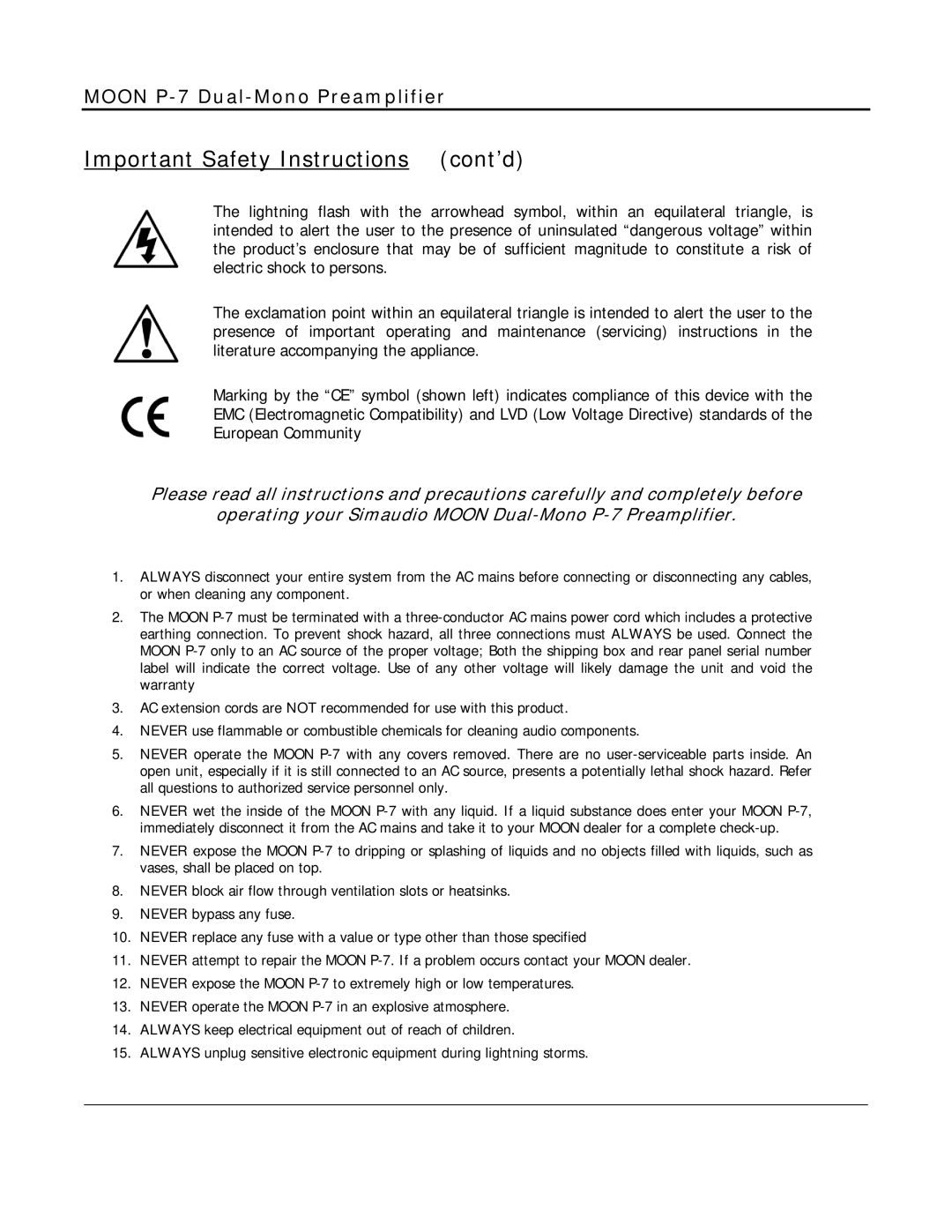 Simaudio P-7 owner manual Important Safety Instructions cont’d 