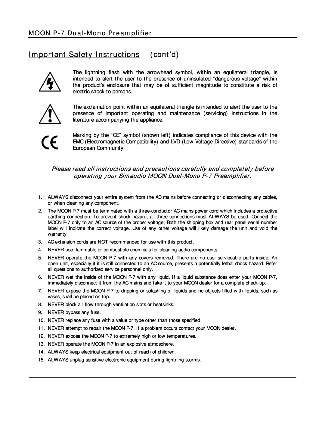 Simaudio owner manual Important Safety Instructionscont’d, MOON P-7 Dual-MonoPreamplifier 