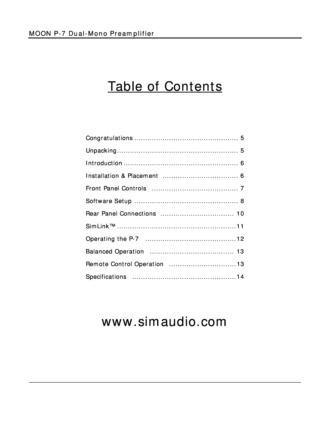 Simaudio owner manual Table of Contents, MOON P-7 Dual-MonoPreamplifier 