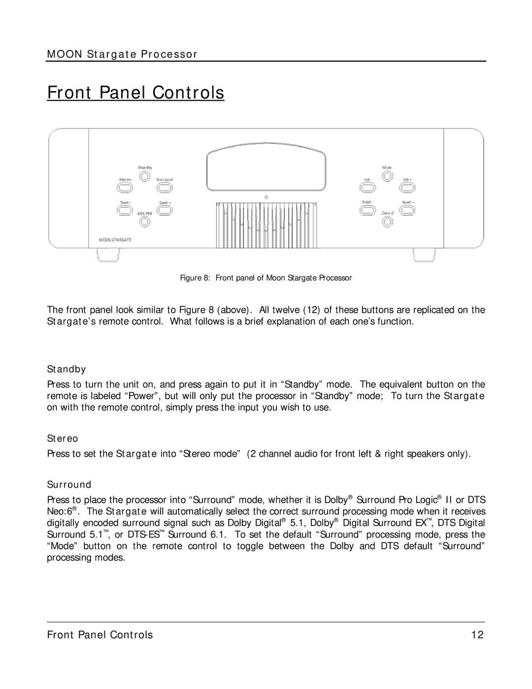 Simaudio Preamplifier and D/A converter owner manual Front Panel Controls, Standby, Stereo, Surround 