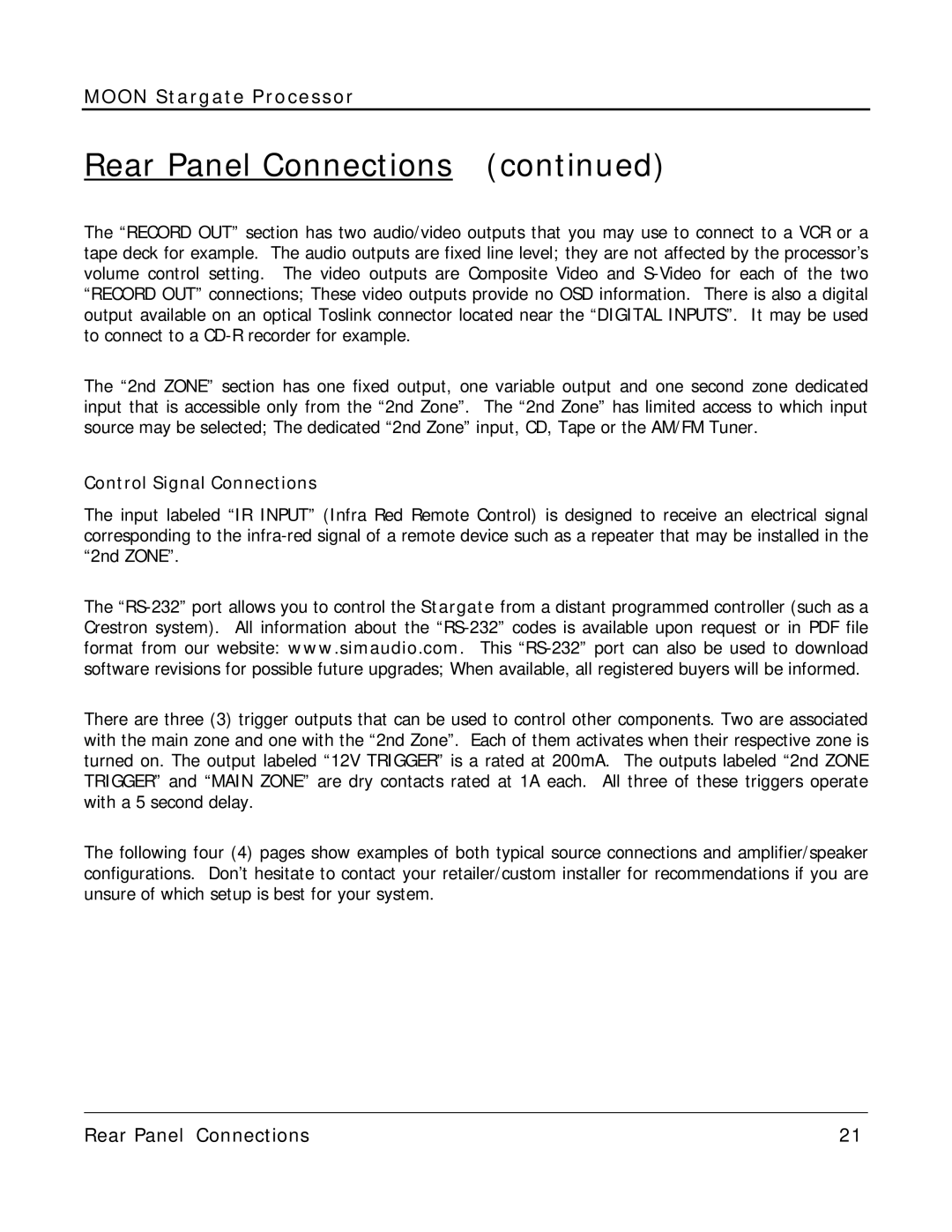 Simaudio Preamplifier and D/A converter owner manual Control Signal Connections 