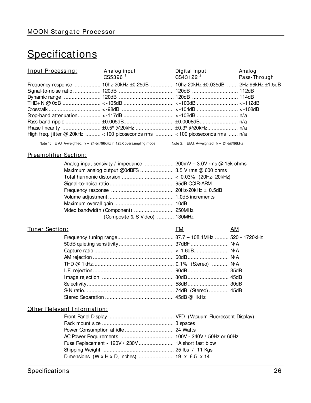 Simaudio Preamplifier and D/A converter owner manual Specifications, Input Processing, Preamplifier Section, Tuner Section 