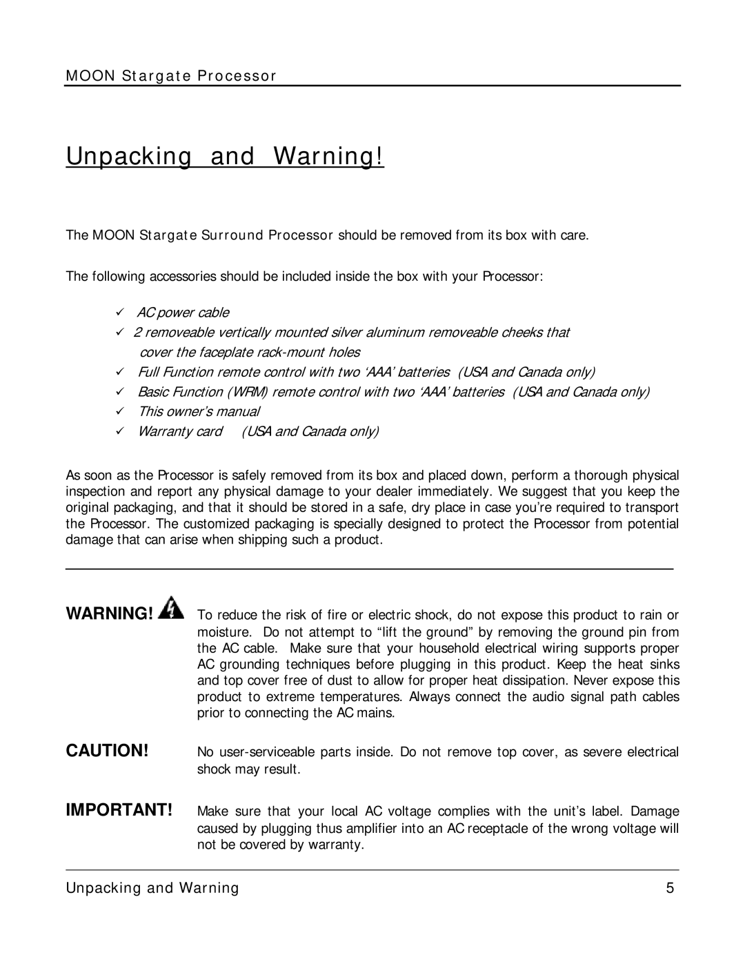 Simaudio Preamplifier and D/A converter owner manual Unpacking and Warning 