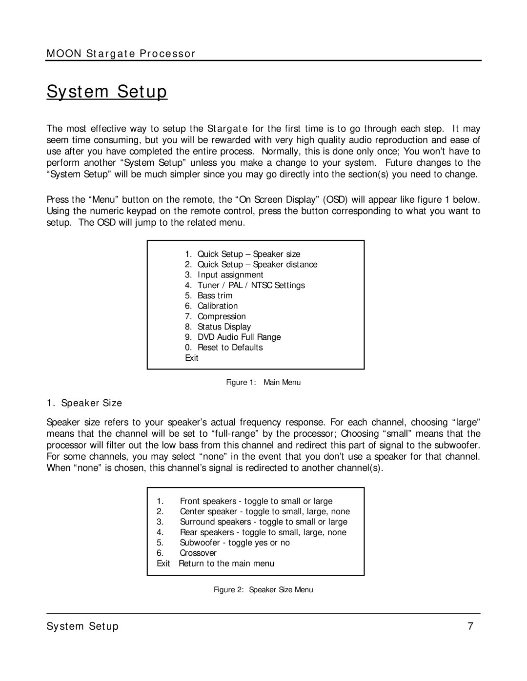 Simaudio Preamplifier and D/A converter owner manual System Setup, Speaker Size 