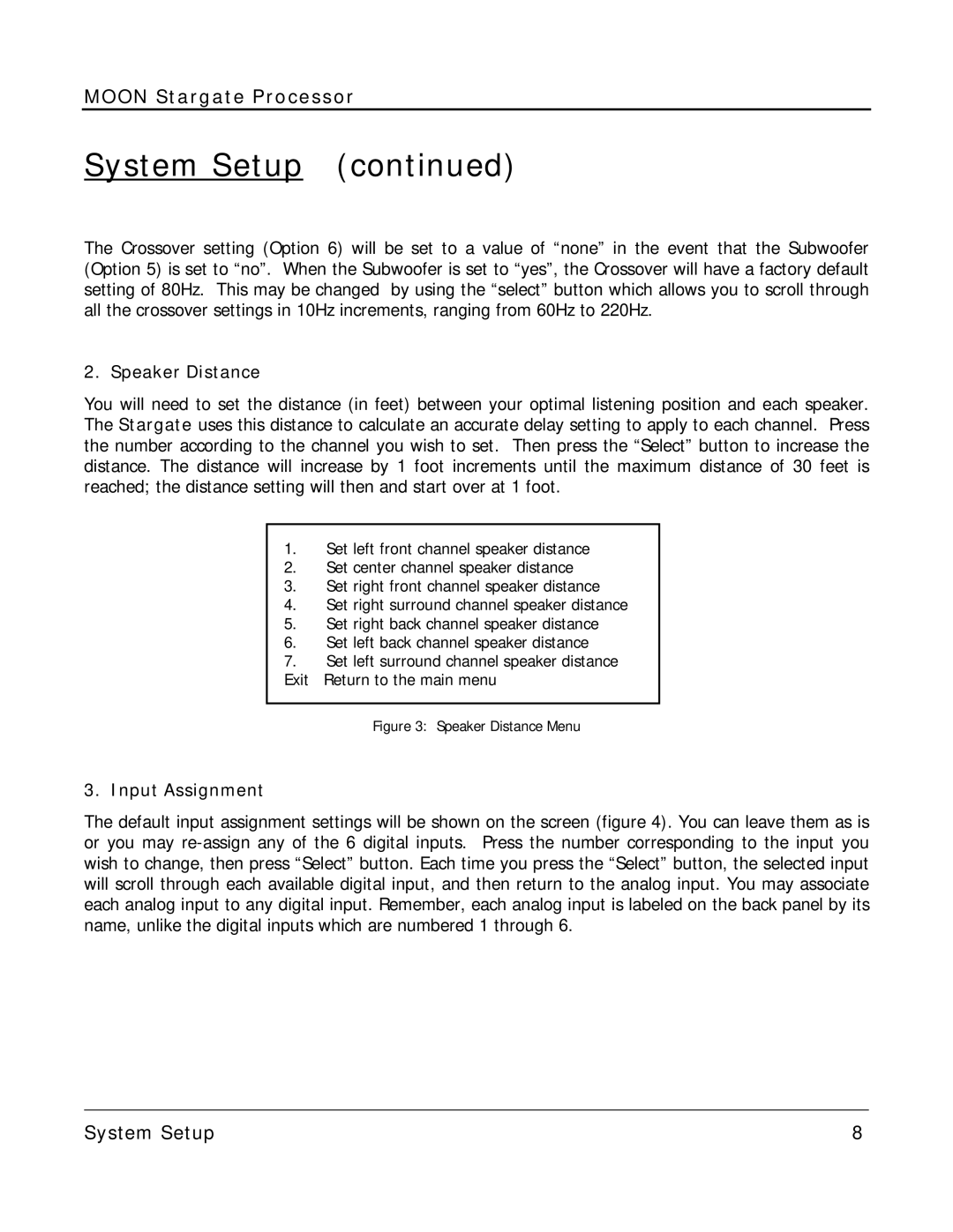 Simaudio Preamplifier and D/A converter owner manual Speaker Distance, Input Assignment 