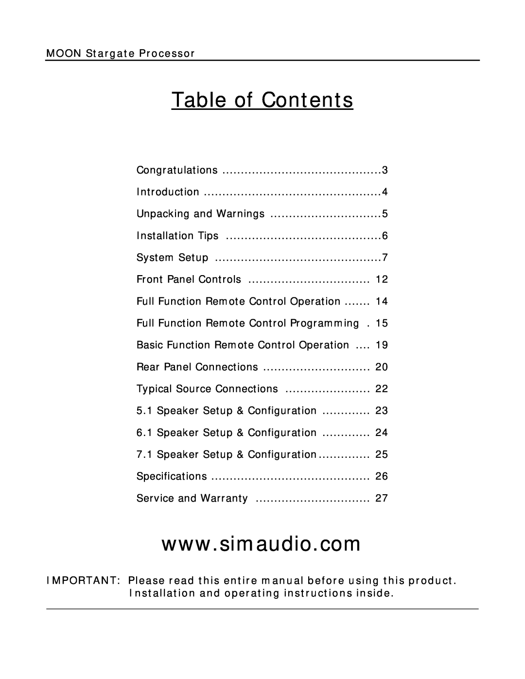 Simaudio Preamplifier and D/A converter owner manual Table of Contents, MOON Stargate Processor 