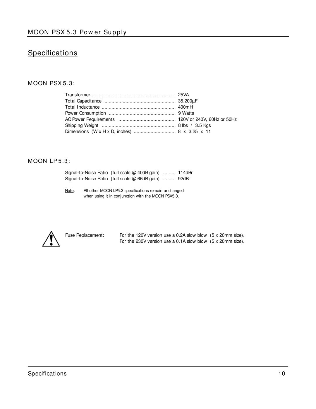 Simaudio owner manual Specifications, Moon PSX5.3 