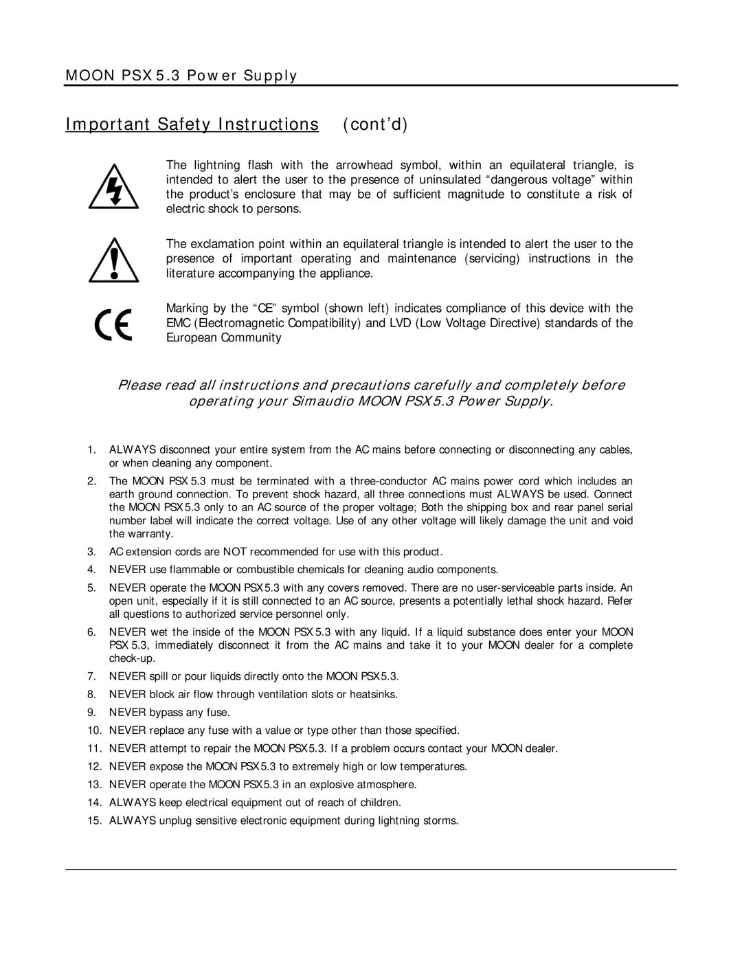 Simaudio PSX5.3 owner manual Important Safety Instructions cont’d 