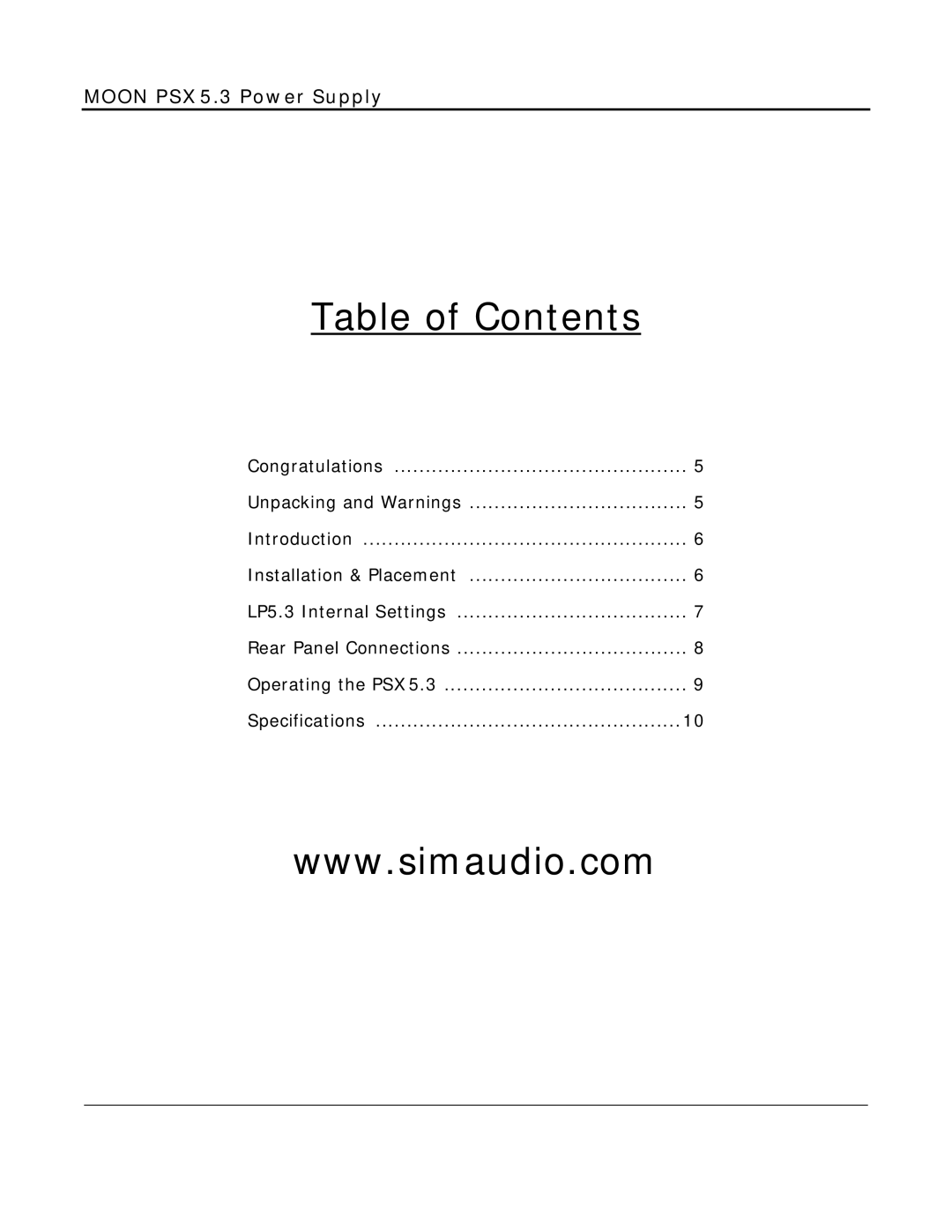 Simaudio PSX5.3 owner manual Table of Contents 